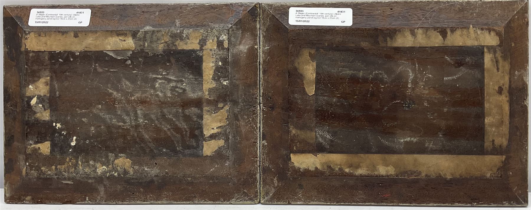 A Slager (Continental  19th century): Alpine Lake and Mountain scenes, pair oils on mahogany panel signed 18cm x 23cm (2)