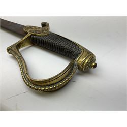 19th century Artillery officer's sword/sabre, with 80cm plain curving fullered steel blade, gilt bronze hilt with crossed cannons to the langets, beaded knuclebow and wire-bound grip L93cm overall
