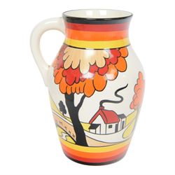 Wedgwood Bizarre by Clarice Cliff, Lotus Jug, House and Bridge, hand painted based upon an original, limited edition 134/250, with certificate and box, H21cm 