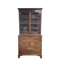 19th century mahogany secretaire bookcase, projecting cornice, dentil frieze, two astragal glazed doors above single fall front enclosing fitted interior, three graduating drawers, shaped bracket supports 
