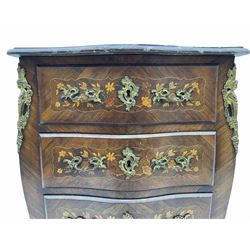 Early 20th century French rosewood bomb chest, the moulded serpentine rouge marble top over three drawers with inlay, gilt metal mounts 