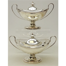  Pair George III old Sheffield plate sauce tureens and covers, boat shape form with urn finials with reeded border and handles, L24cm   