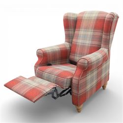 Next Home - Contemporary wingback reclining armchair, high winged back with padded sides, scroll arms, upholstered throughout in red and beige check fabric, loose seat cushion, fitted with a reclining mechanism, raised on short turned wooden 