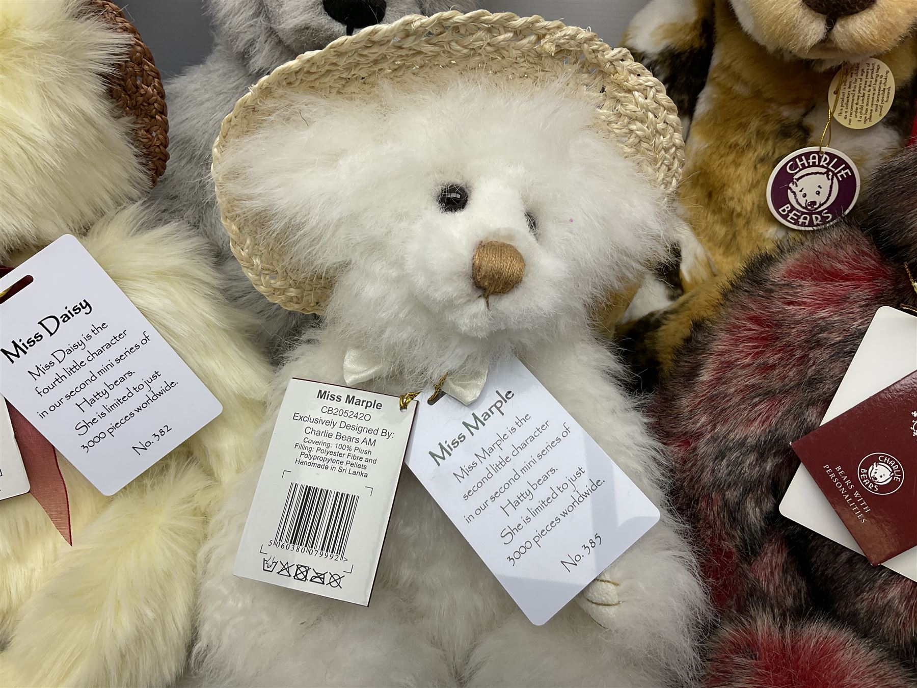 Six Charlie Bears, comprising three limited edition examples from the Hatty bears series,  Miss Daisy CB206000O, 382/3000, Miss Marble CB205242O, 385/3000, and TC CB185165, 22/3000, plus Red Liquorice CB150011O, designed by Heather Lyell, and Leonie CB124915, and Kiki CB124961, both designed by Isabelle Lee, all with tags 