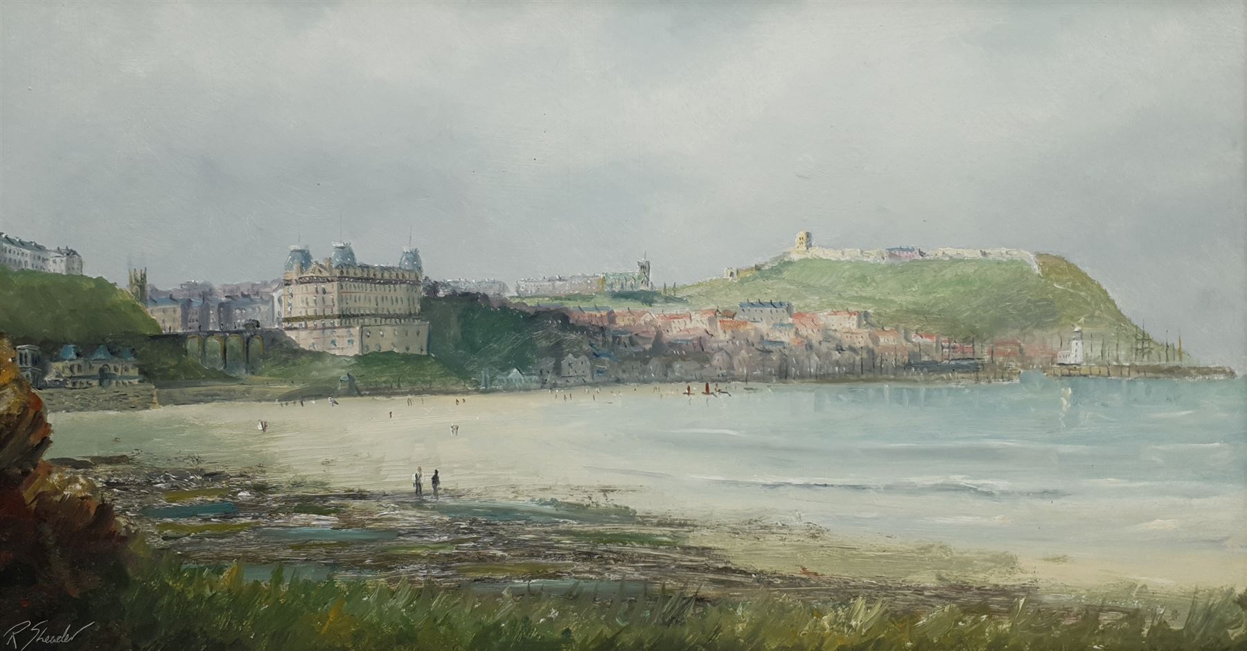 Robert Sheader (British 20th century): Figures on the South Bay Scarborough, oil on board signed 31cm x 59cm