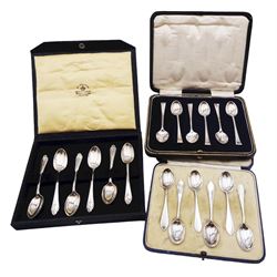 Set of six mid 20th century silver coffee spoons, the terminals detailed with husk swags, hallmarked Mappin & Webb Ltd, Sheffield 1945, together with two further sets of six coffee spoons, the first set hallmarked William Hutton & Sons Ltd, Sheffield 1918, the second set hallmarked Wakely & Wheeler, London 1909, each contained within a fitted case, approximate total silver weight 4.67 ozt (145.1 grams)