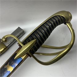 Early 19th century French Lancers officer's sword c1810, the 84cm curving fullered blade retaining most of its bluing, gilding and engraved decoration, inscribed I.S.& C. to ricasso (for Schimelbusch), brass three-bar hilt with elongated elliptical langets and wire-bound leather grip; in polished steel scabbard with two brass suspension rings L100cm overall