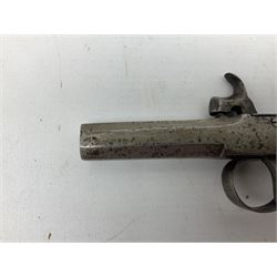 Mid 19th century double barrel percussion muff pistol, joined 7cm octagonal barrels with walnut stock19cm overall; a matching single barrel muff pistol 17cm overall (2)