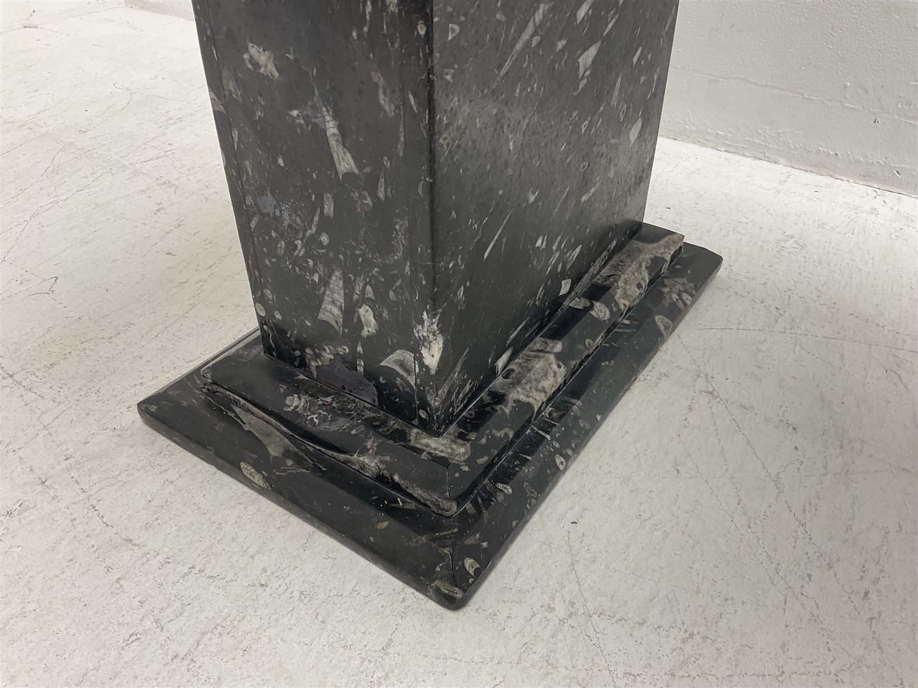 Marble hall table with orthoceras and goniatite inclusions, the rectangular top upon two rectangular stepped plinths, H75cm, L135cm, D78cm 