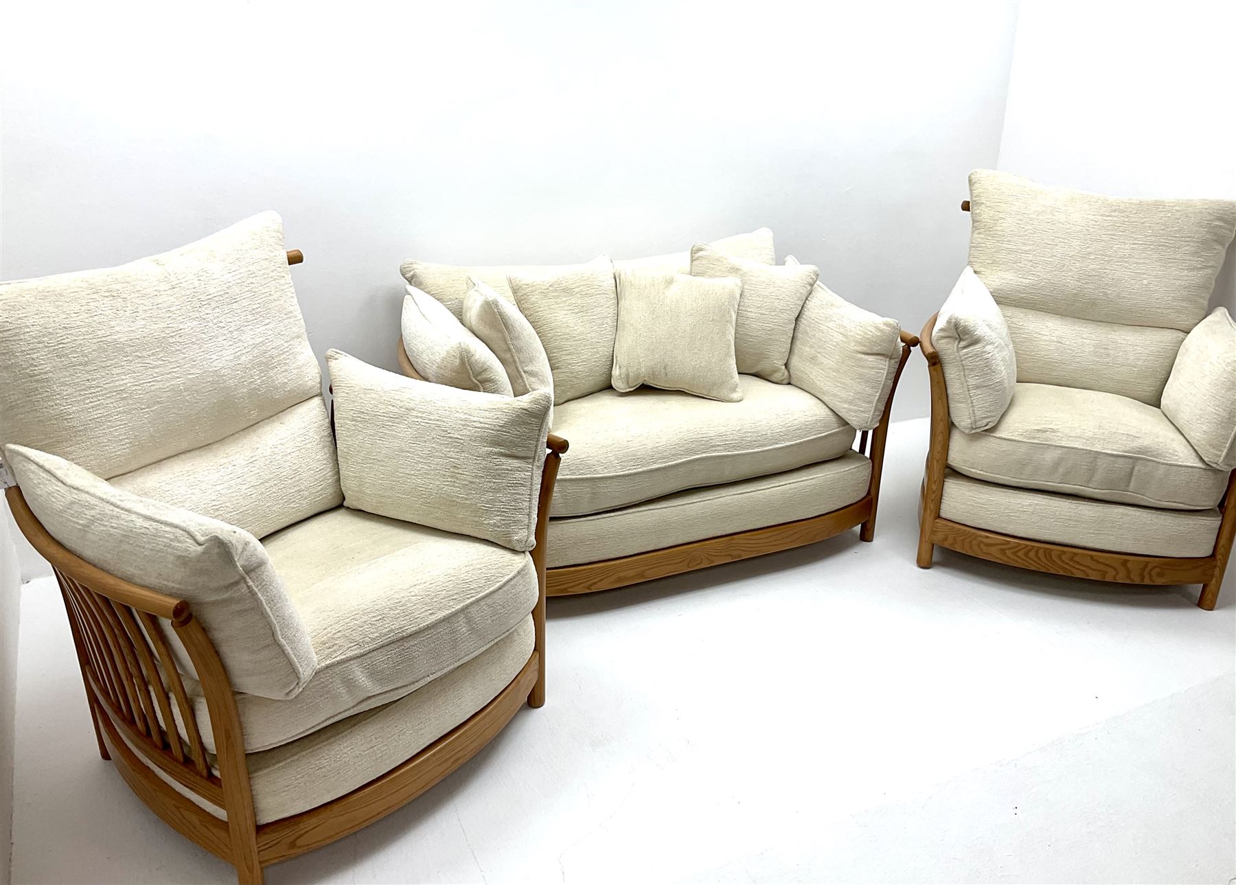 Ercol 'Renaissance' light ash framed three piece suite three seat