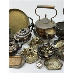 A quantity of assorted silver plate, comprising largely silver plate, to include tea wares, candlesticks, cased flatware, pair of chambersticks, pierced swing handled dish, toast rack, tankards, etc. 