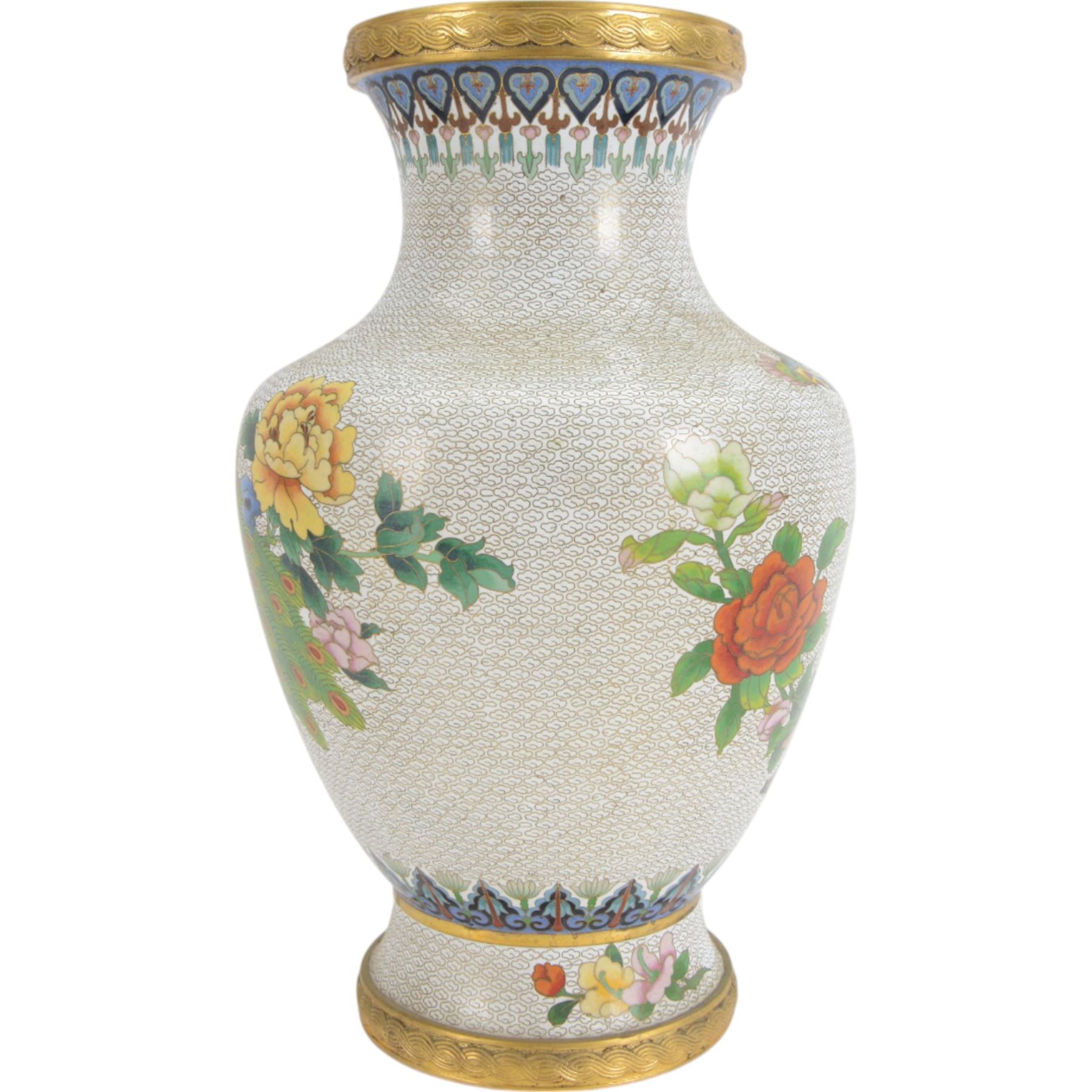 20th century Chinese cloisonné vase, of baluster form, decorated with two peacocks amongst peonies on a white cloud pattern ground, H38cm 