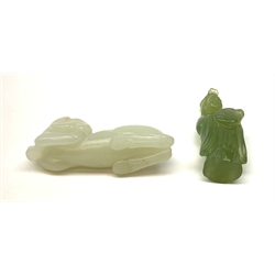 A Chinese celadon jade carved figure, modelled as a recumbent horse, L6cm, together with a nephite jade carved figure modelled as Guanyin, H5.5cm. 