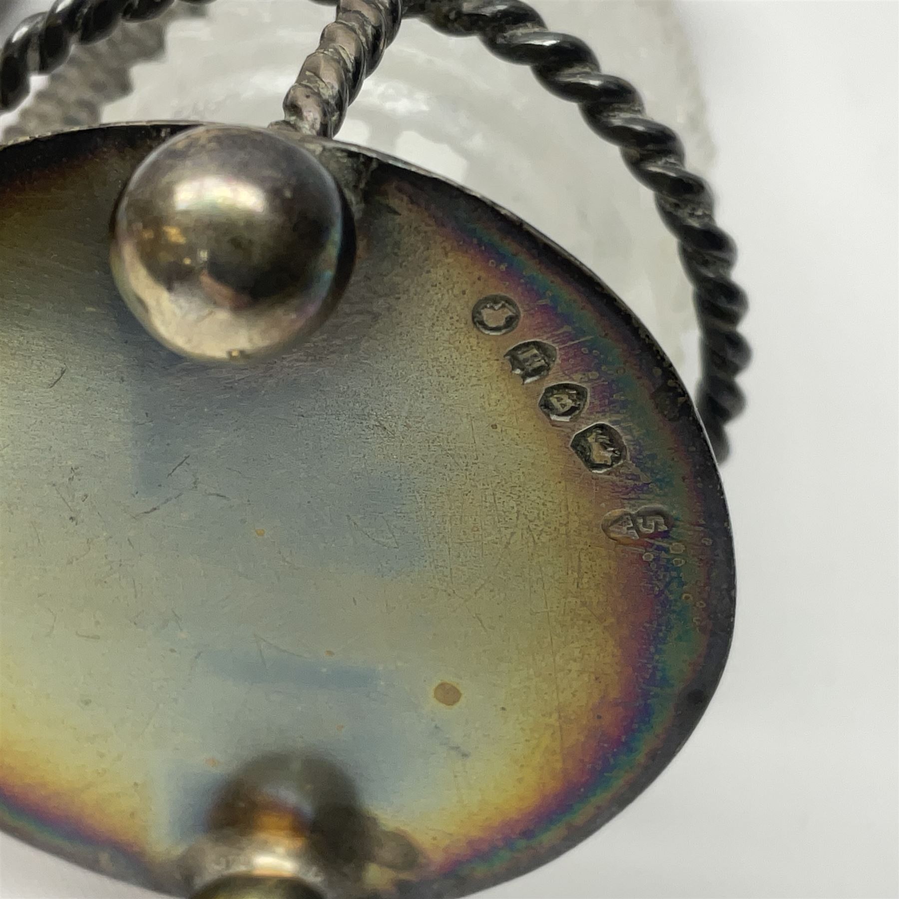 Victorian silver cut glass cruet set on stand, with diamond cut bodies, a set of six silver handled cake forks, cased, a Georgian silver mustard spoon and a silver plated shovel spoon, all hallmarked 