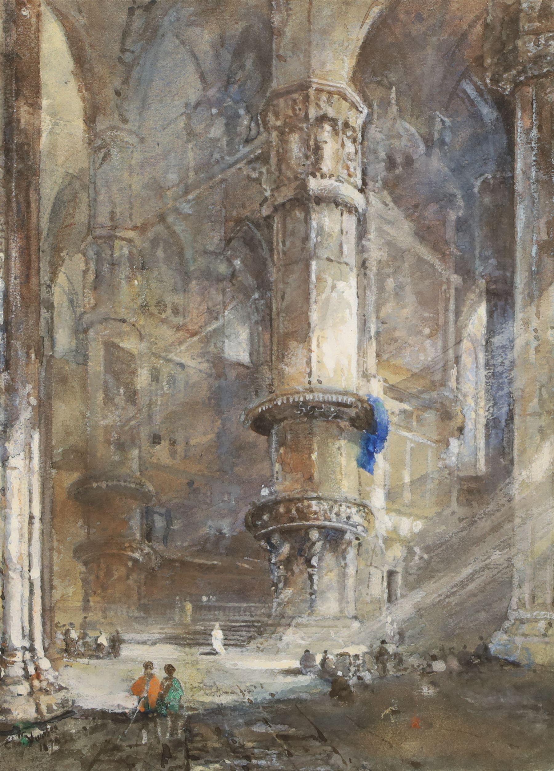 Charlotte Elizabeth Vawser RA (British fl. 1837-1875): Interior of a European Cathedral - possibly Lyon, watercolour faintly signed and dated 1870, 22cm x 16cm (unframed)
Notes: Vawser was the Daughter of fellow watercolourist George Richard Vawser. She lived in London and Derby and exhibited at the Royal Academy, the British Institution and the Society of British Artists during her career.