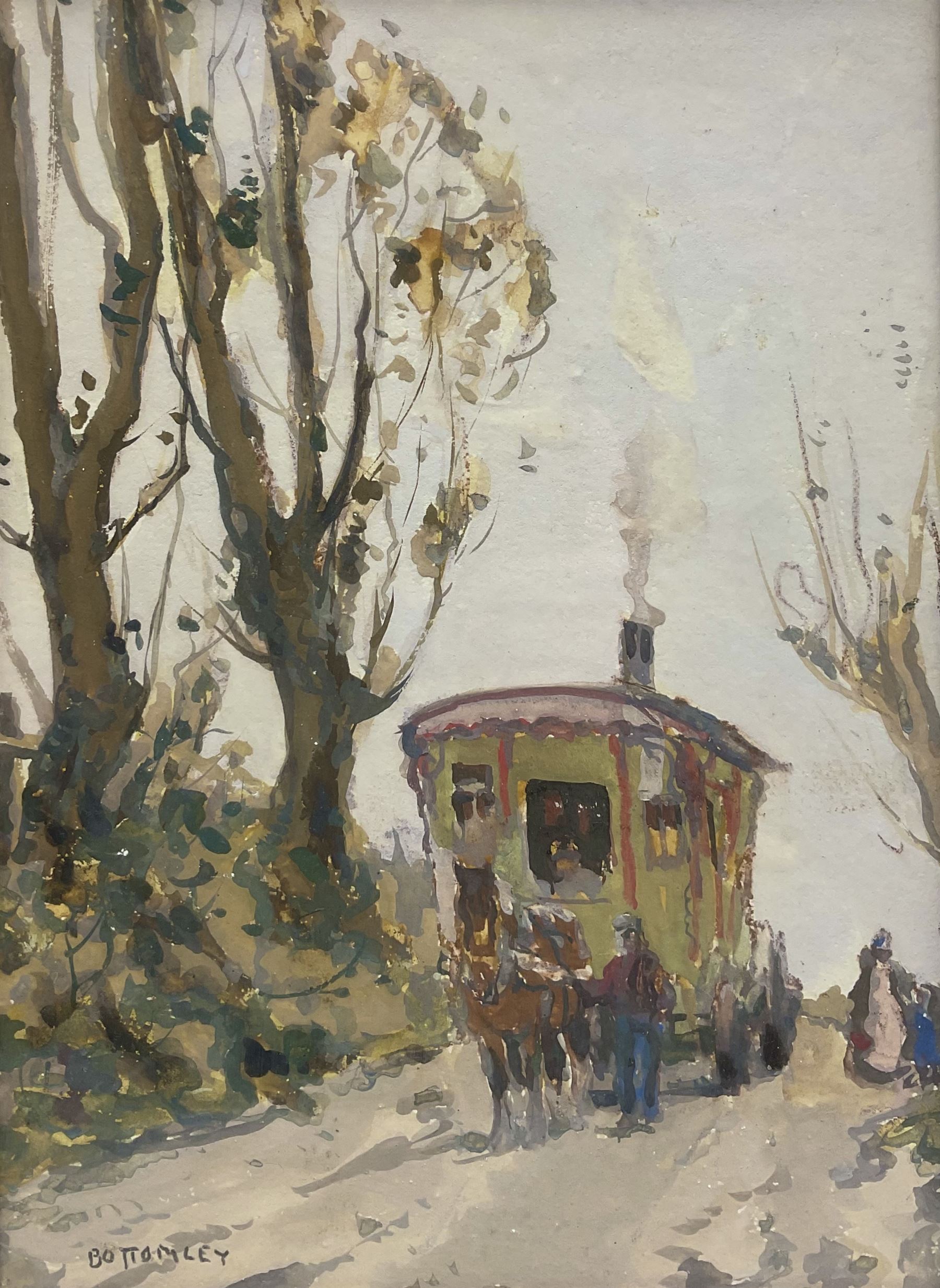 Albert Ernest Bottomley (British 1873-1950): Leading a Romani Wagon, gouache signed 21.5cm x 15cm 