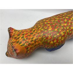 Helen Skelton (British 1933 – 2023): Two carved wooden abstract sculptures, one modelled as a dog, the other modelled as a bear, both with painted stippled decoration, largest H20cm. Born into an RAF family in 1933 in Kent and travelled the world extensively during her childhood. After settling in Bridlington, Helen immersed herself in painting, textiles, and wood sculpture, often inspired by nature's beauty. Her talent was showcased in a one-woman show at Sewerby Hall and recognised with the sculpture prize at Ferens Art Gallery in 2000. Sadly, Helen’s daughter passed away from cancer in 2005. This loss inspired Helen to donate her sculptures to Marie Curie upon her passing in 2023.