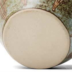 John Egerton (c1945-2024): Stoneware planter, decorated with carved flower motif, mottled blue background and scalloped rim, marked beneath, H18cm

