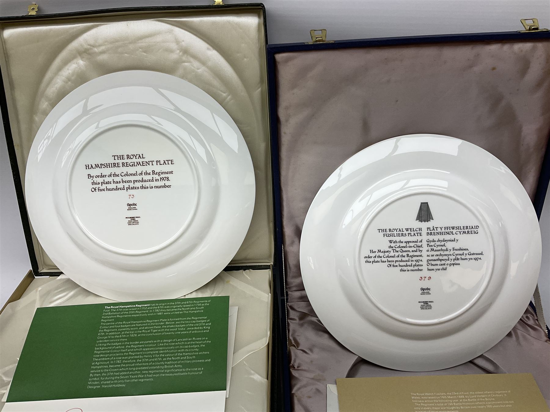 Seven limited edition Spode Military collector's plates comprising The Argyll & Sutherland Highlanders, The Gordon Highlanders, The Royal Hampshire Regiment, The Royal Welch Fusilliers, The Cheshire Regiment, The Gloucestershire Regiment and The United States Marines, all boxed and with certificate  (7)