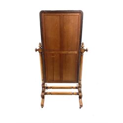 Victorian mahogany cheval dressing mirror, rectangular plain glass plate in cushion moulded surround, turned supports with finials on platform with out splayed feet, joined by double turned stretcher