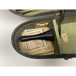 German violin c1900 for re-assembly with 36cm two-piece maple back and ribs and spruce top; L59cm; in ebonised wooden 'coffin' case with two bows