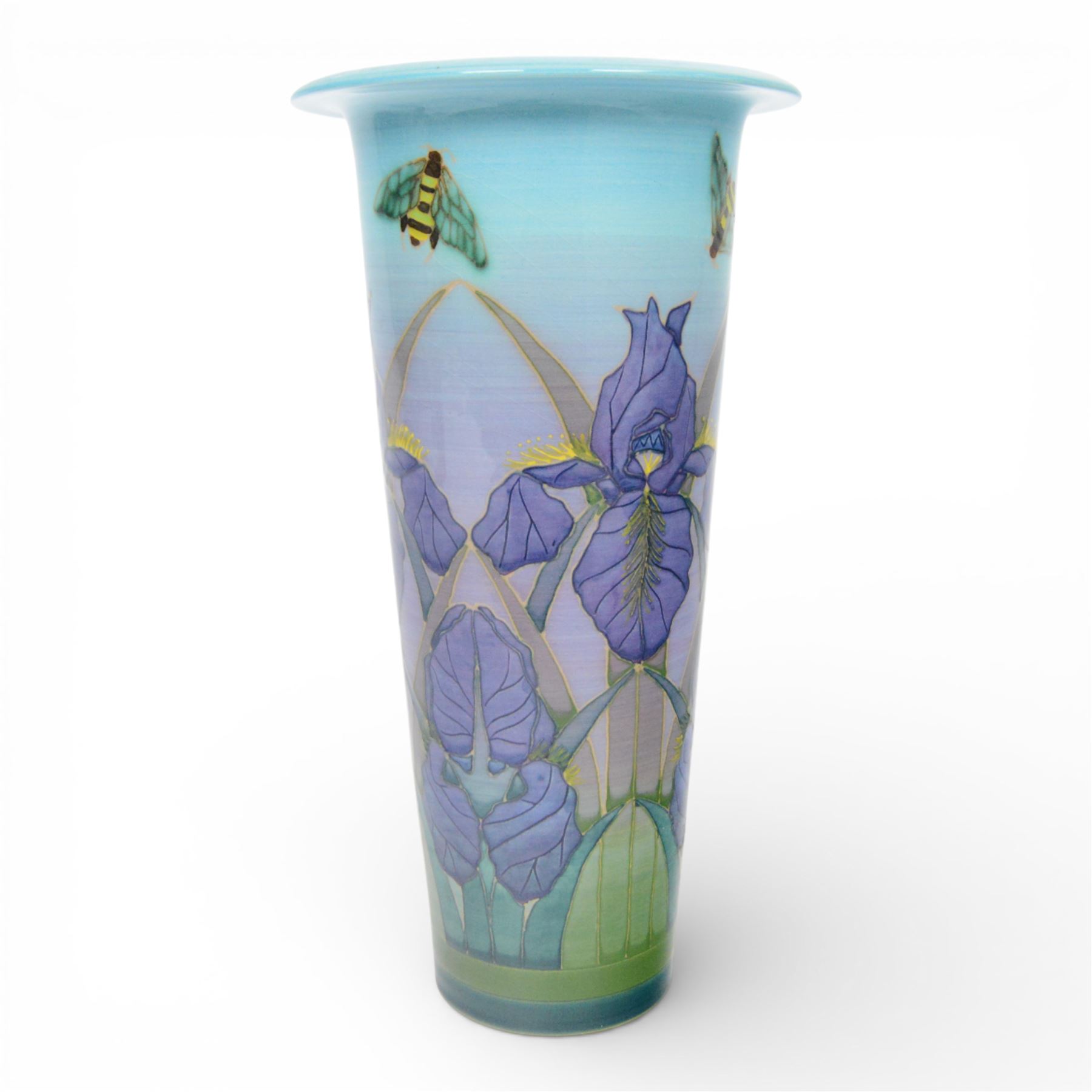 Dennis Chinaworks, Iris vase, by Sally Tuffin, dated 2002, cylindrical form with flared rim, decorated with irises and bees upon blue green ground, signed and stamped beneath, H29cm
