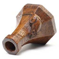 Mouseman - 1920s octagonal oak candlestick of squat form with lappet top, carved with left-facing fat mouse signature with long tail, by Robert Thompson, Kilburn 