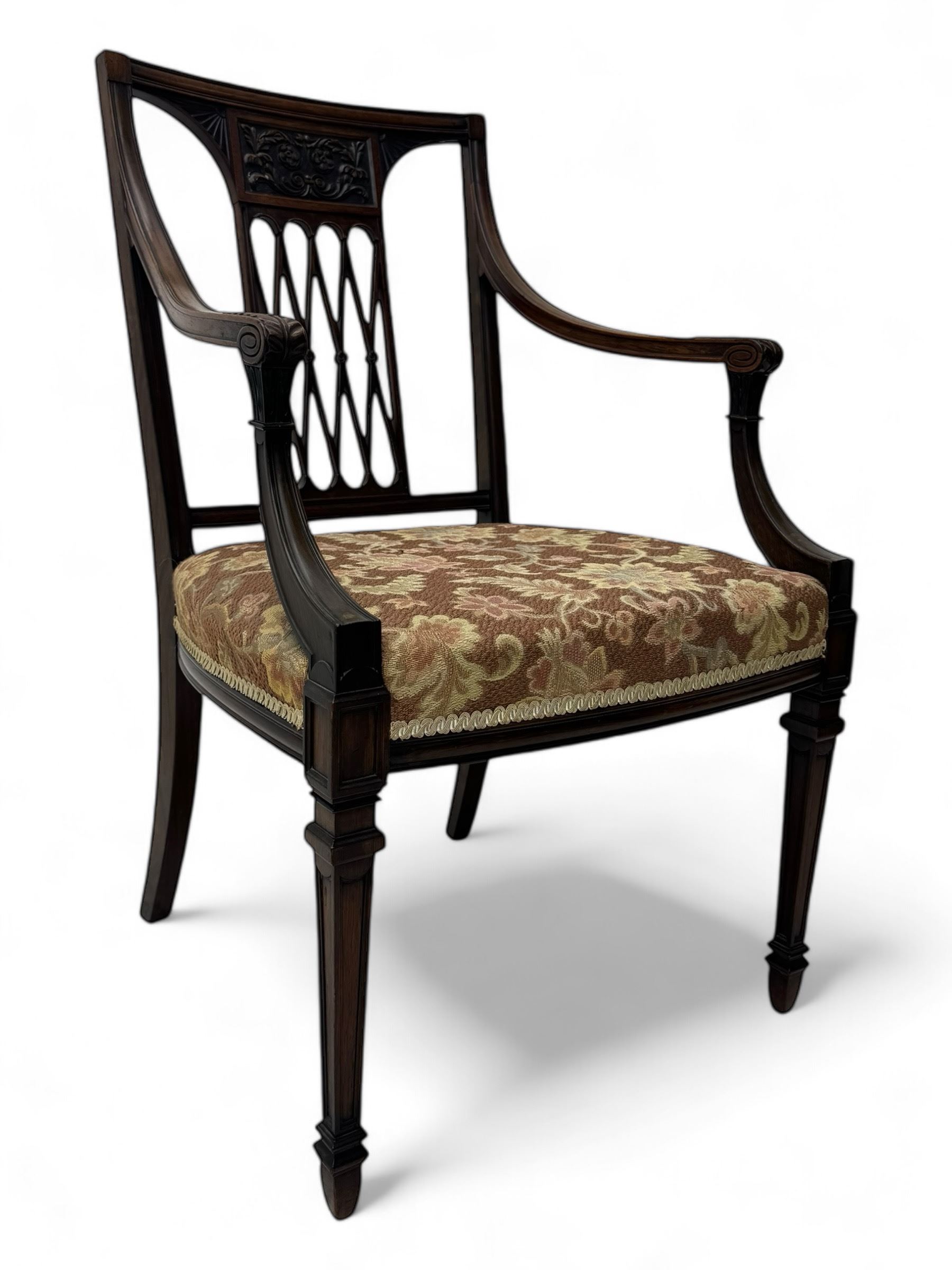 Late 19th century mahogany open armchair, lattice splat back, acanthus carved arm terminals, on square tapering supports with spade feet