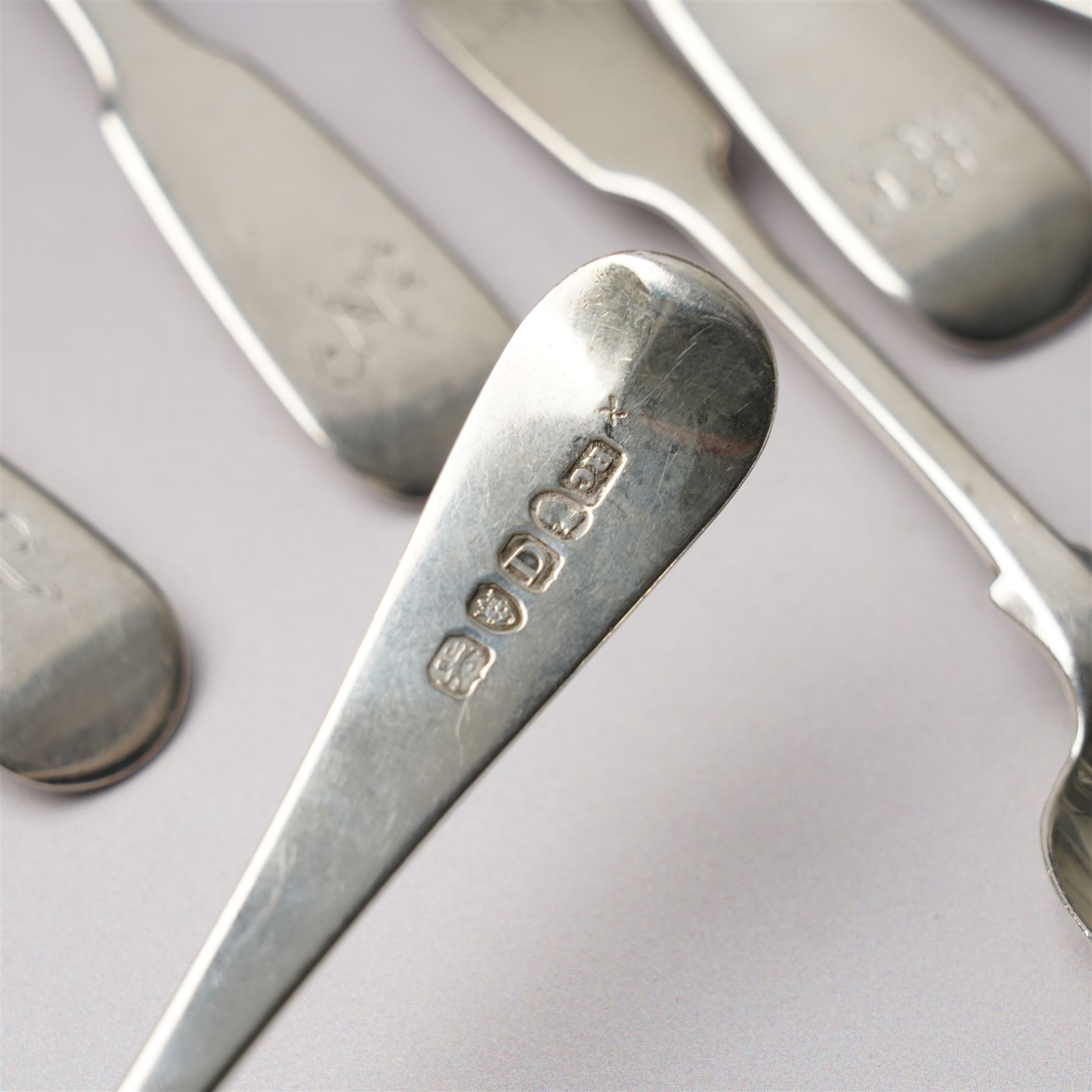 Pair of George III silver sauce ladles London 1799 Maker Richard Crossley, six various George III and Victoria silver dessert spoons, assorted tea spoons etc