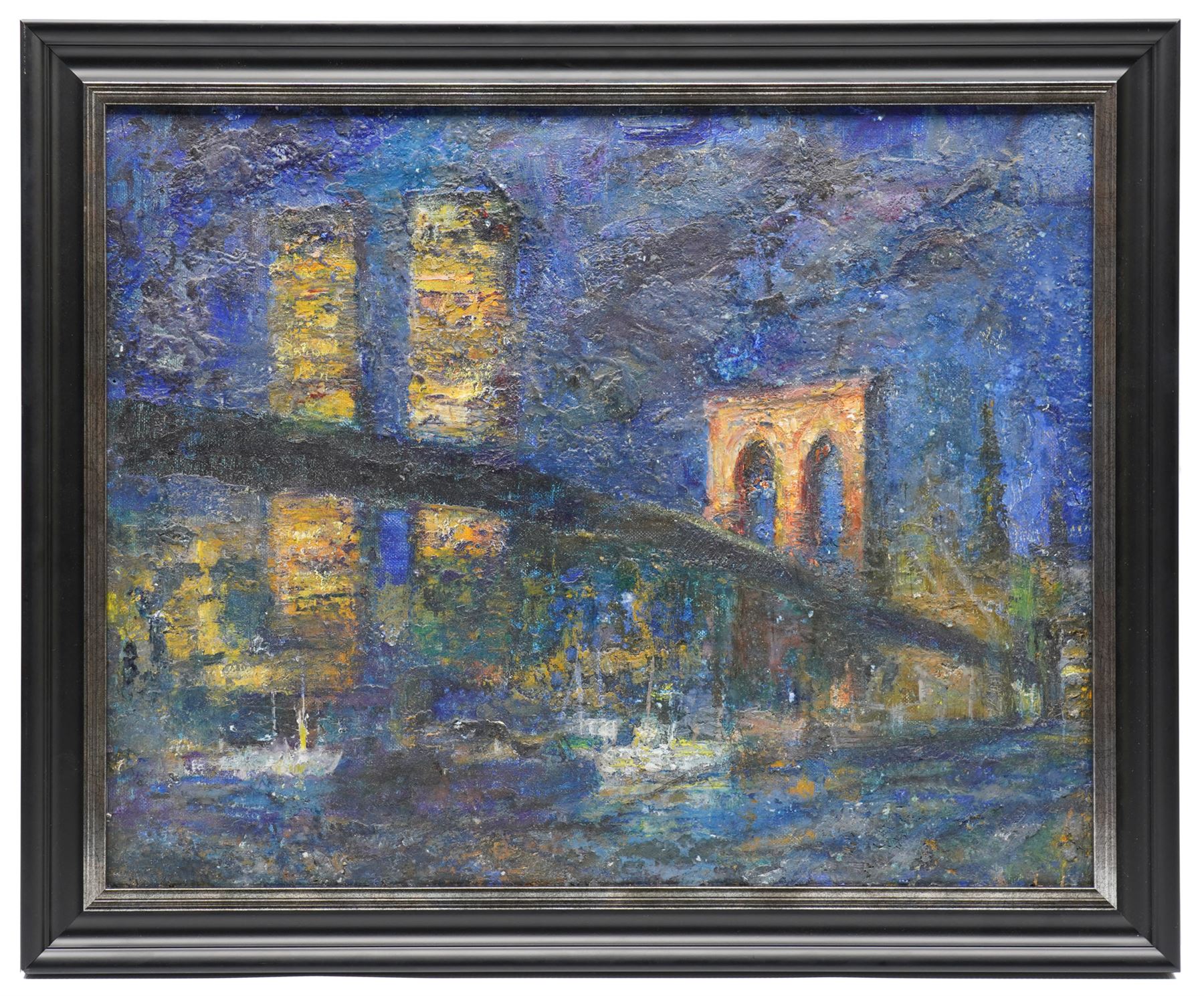 Lucien Dulfan (Russian/American 1942-): Moonlit Cityscape with the Twin Towers, mixed media on board unsigned, LD gallery label verso 40cm x 50cm