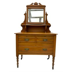 Edwardian satin walnut dressing table, raised back with shelf and swivel mirror, fitted with two short and one long drawer 