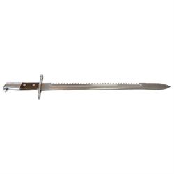 Swiss Pioneer bayonet, with 48cm saw back blade marked to the riccaso Waffenfabrik Neuhausen, steel crossguard marked 752176, with metal scabbard, overall L64cm