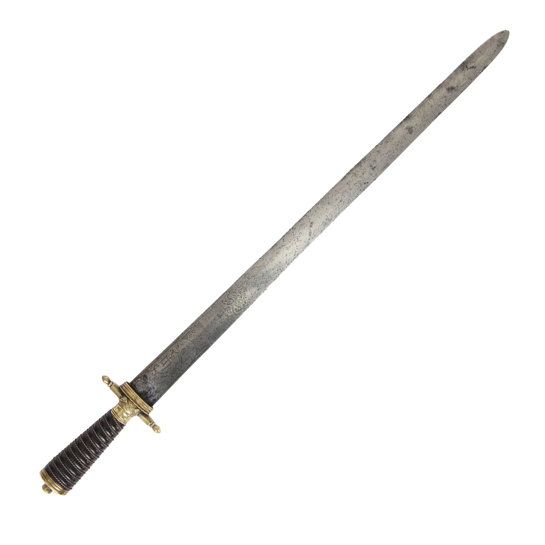 German hunting hanger, with 55cm double edged blade half etched on both sides with scrolling patters and bird, brass hilt with and leather handle with copper wire winding, overall L69cm 