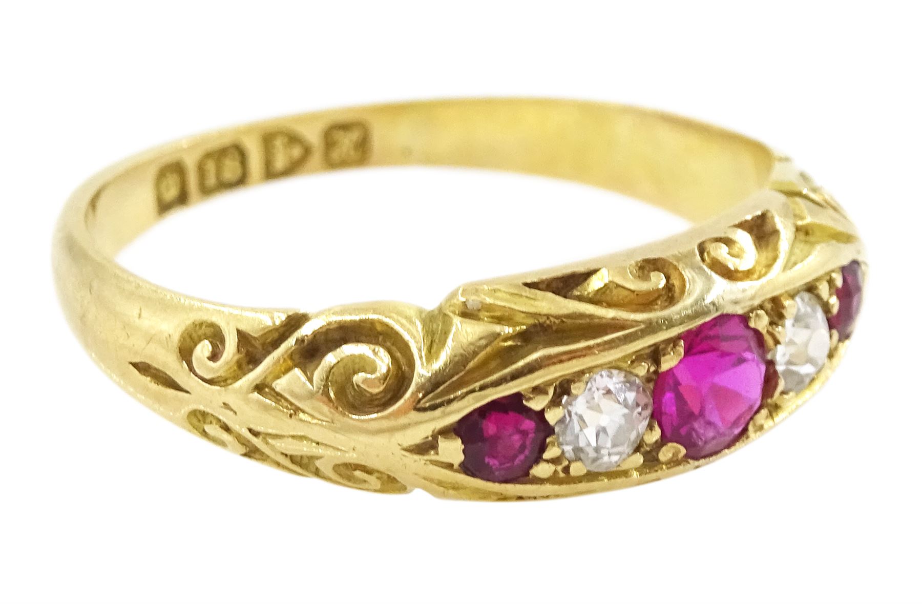 Edwardian 18ct gold five stone ruby and old cut diamond ring, Chester 1908