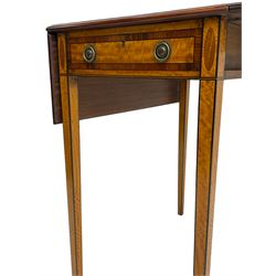 Mid-to-late 20th century Sheraton style satinwood Pembroke table, the drop leaf top with segmented veneers and central oval panel with ebony stringing, crossbanded in rosewood and with edge moulding, single short drawer to one end and faux drawer to other, square tapering supports