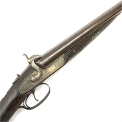 19th century Newton King Street Manchester 12-bore pin-fire side-by-side double barrel hammer shotgun with thumb operated hinged opening, walnut stock and 75.5cm damascus barrels, No.12, L118cm overall 