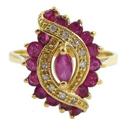 18ct gold ruby and diamond crossover marquise shaped ring