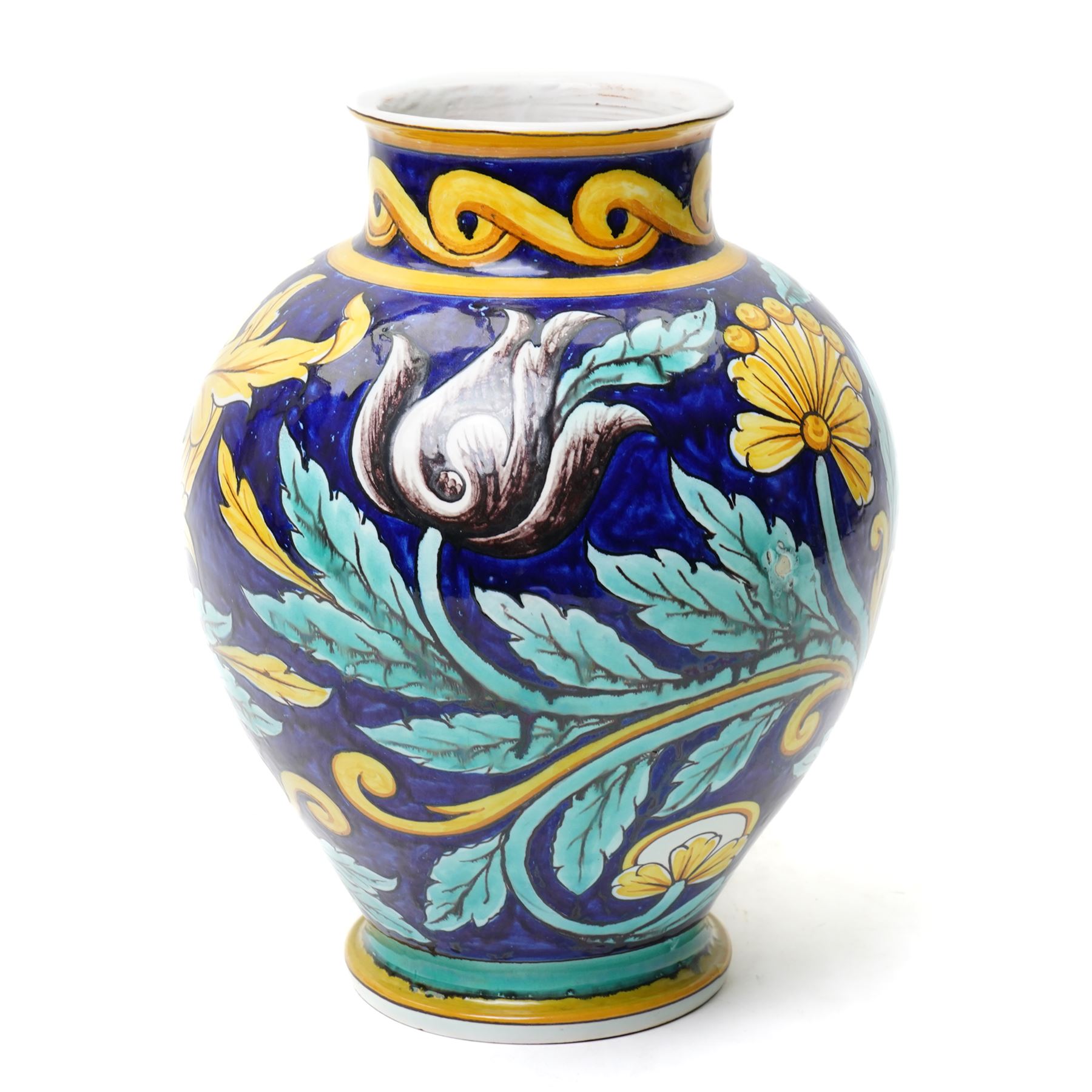 Large Italian Cantagalli vase, painted profusely in typical colours with yellow flowers and foliage, blue cockerel mark to base, H32cm