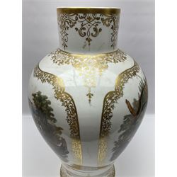 Large vase of baluster form, decorated with panels depicting hunting scenes  surrounded by gilt detail, H54cm