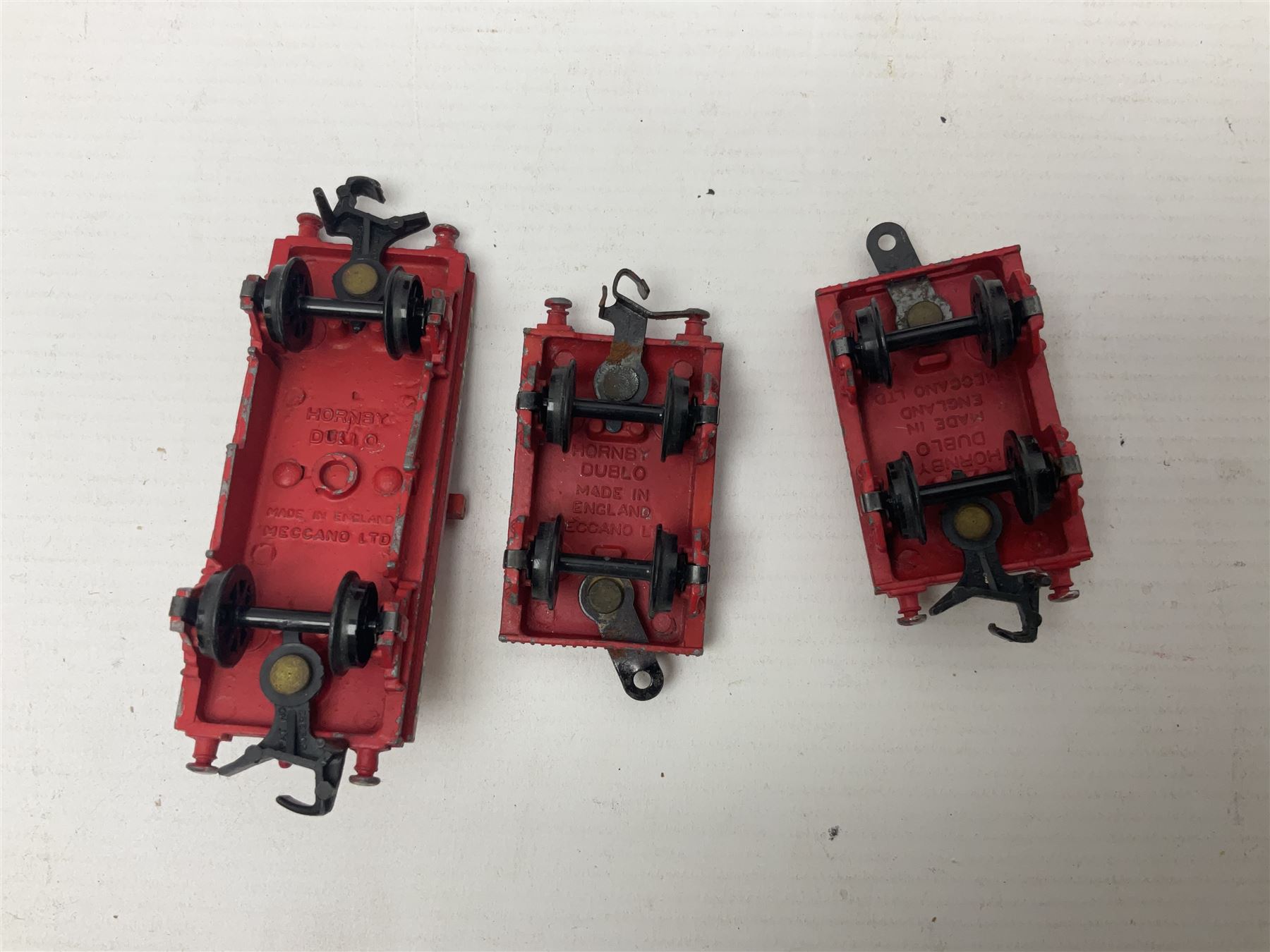 Hornby Dublo - 4620 Breakdown Crane No.133 in red with Match Trucks; boxed; another unboxed 4620 Breakdown Crane No.144 in black 'Cowans Sheldon' with Match Trucks; and nine Trackmaster goods wagons comprising three GW Open Wagons, two GW box vans, three NE Open Wagons and one NE Box Van; all boxed (11)