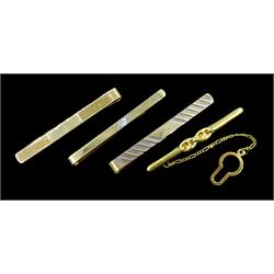 Four 9ct gold tie clips, one set with a diamond, hallmarked or stamped, approx 12.17gm
