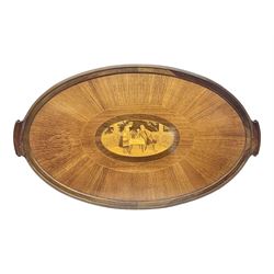 Late 19th/early 20th century mahogany and marquetry inlaid tray, of oval form with twin scrolled handles and moulded border, the central panel inlaid with figures seated at a table drinking tea, L99cm
