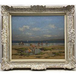 William Burns (British 1923-2010): 'Rock Pools Scarborough', oil on canvas signed, titled verso 50cm x 60cm
Provenance: direct from the artist's family; exh. Campbell's of Walton Street, London. Born in Sheffield in 1923, William Burns RIBA FSAI FRSA studied at the Sheffield College of Art, before the outbreak of the Second World War during which he helped illustrate the official War Diaries for the North Africa Campaign, and was elected a member of the Armed Forces Art Society. On his return to England, he studied architecture at Sheffield University and later ran his own successful practice, being a member of the Royal Institute of British Architects. However, painting had always been his self-confessed 'first love', and in the 1970s he gave up architecture to become a full-time artist, having his first one-man exhibition in 1979.