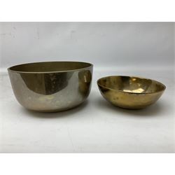 Two Himalayan singing bowls, to include a high wall example, together with Tibetan Tingsha cymbals and two wood hammers, largest bowl D18cm