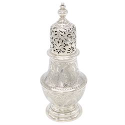 Late Victorian silver sugar caster, of typical waisted form with engraved foliate decorati...