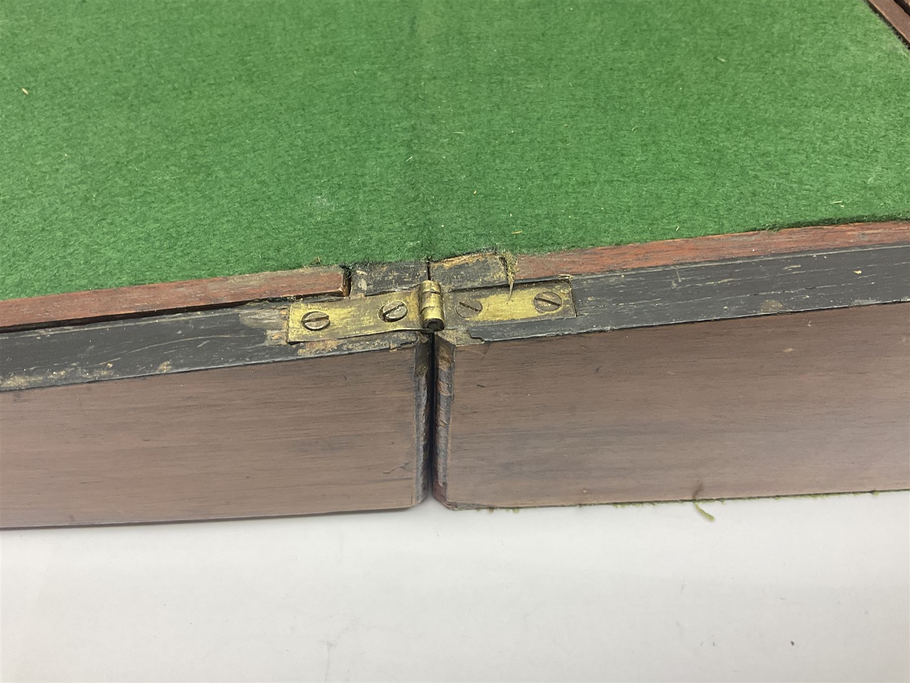 Victorian walnut and parquetry banded work box with brass shield and escutcheon, L30cm, together with mahogany writing slope with green baize writing surface, L35cm