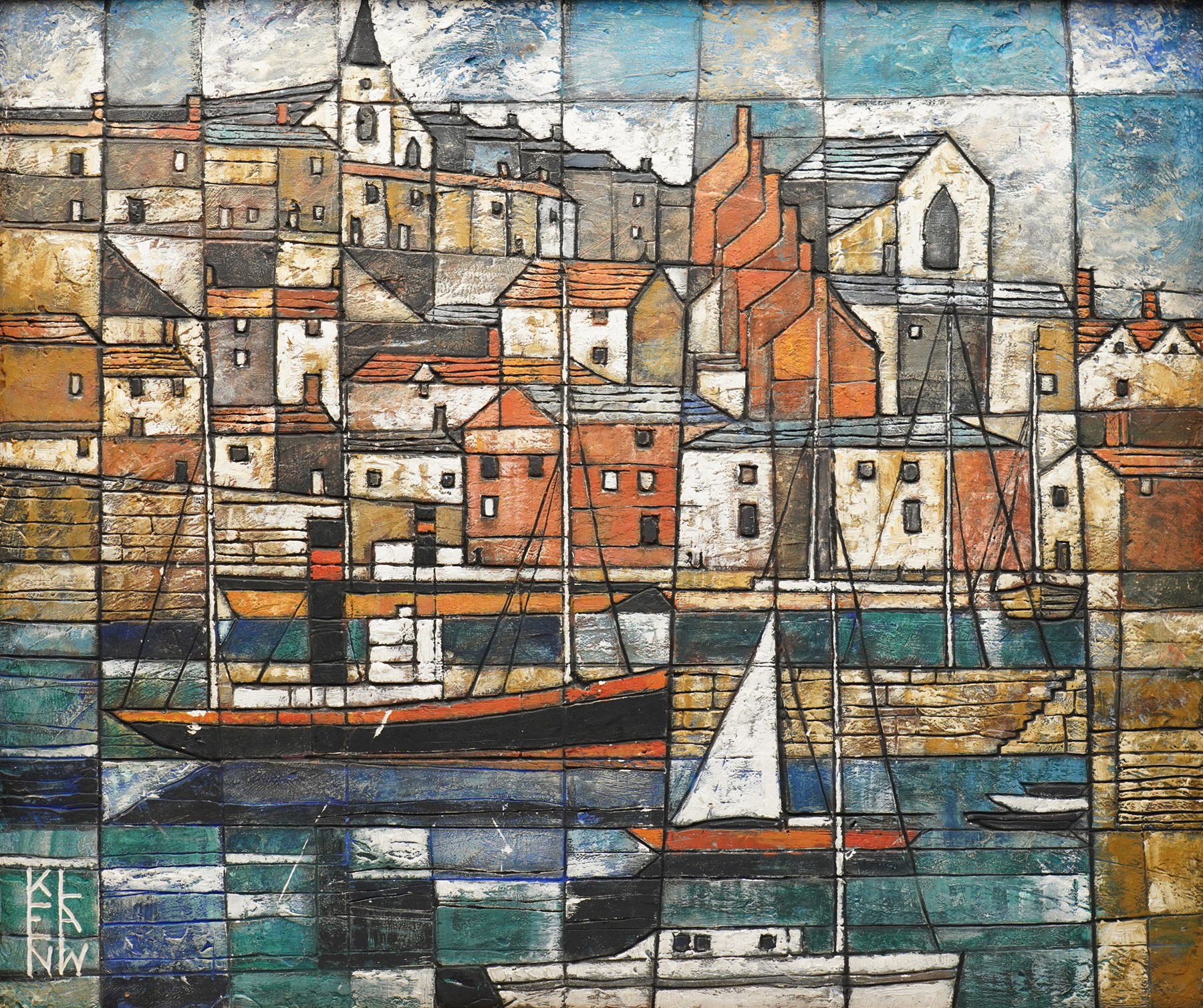 Ken Law (British 1919-1988): Harbour Town, mixed media on board signed with monogram 61cm x 72.5cm