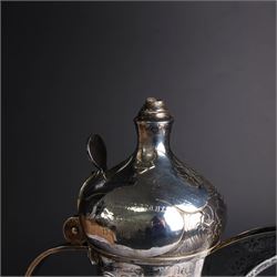 Middle Eastern silver coffee pot or Dallah, of baluster form with elongated spout and domed lid, with chased scrolling foliate decoration, the lid with applied silver plaque with presentation engraving, stamped 925 to base, H26.5cm