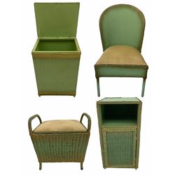 Painted wicker linen bin, lamp cabinet, chair and stool