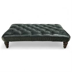 Tetrad – Contemporary black leather upholstered stool, deep button top with pulled finish, on turned stained hardwood legs